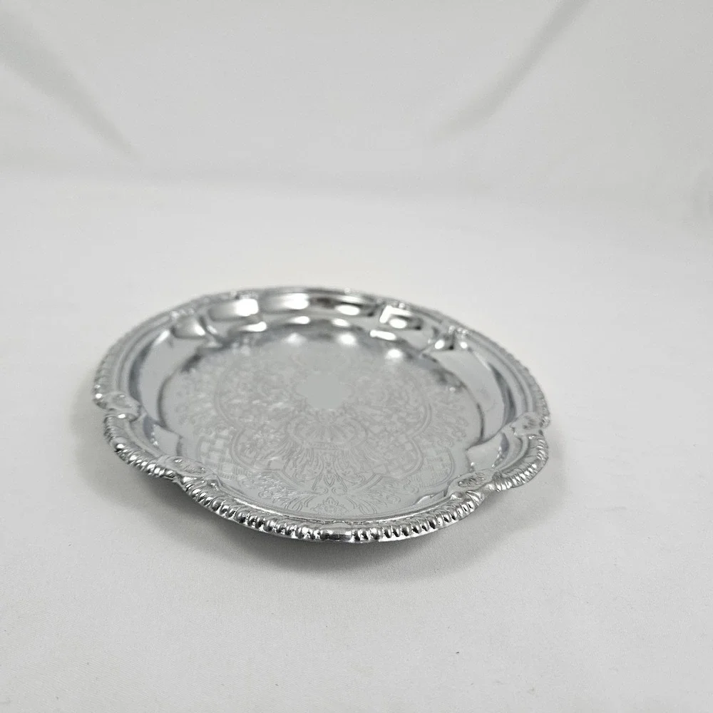 Vintage Silver Plate Card Serving Tray Trinket Jewelry Scalloped Edge Hong Kong